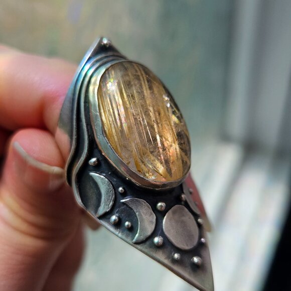Acid Queen Moon Shield Ring - rutilated quartz size 7 - Picture 3 of 5